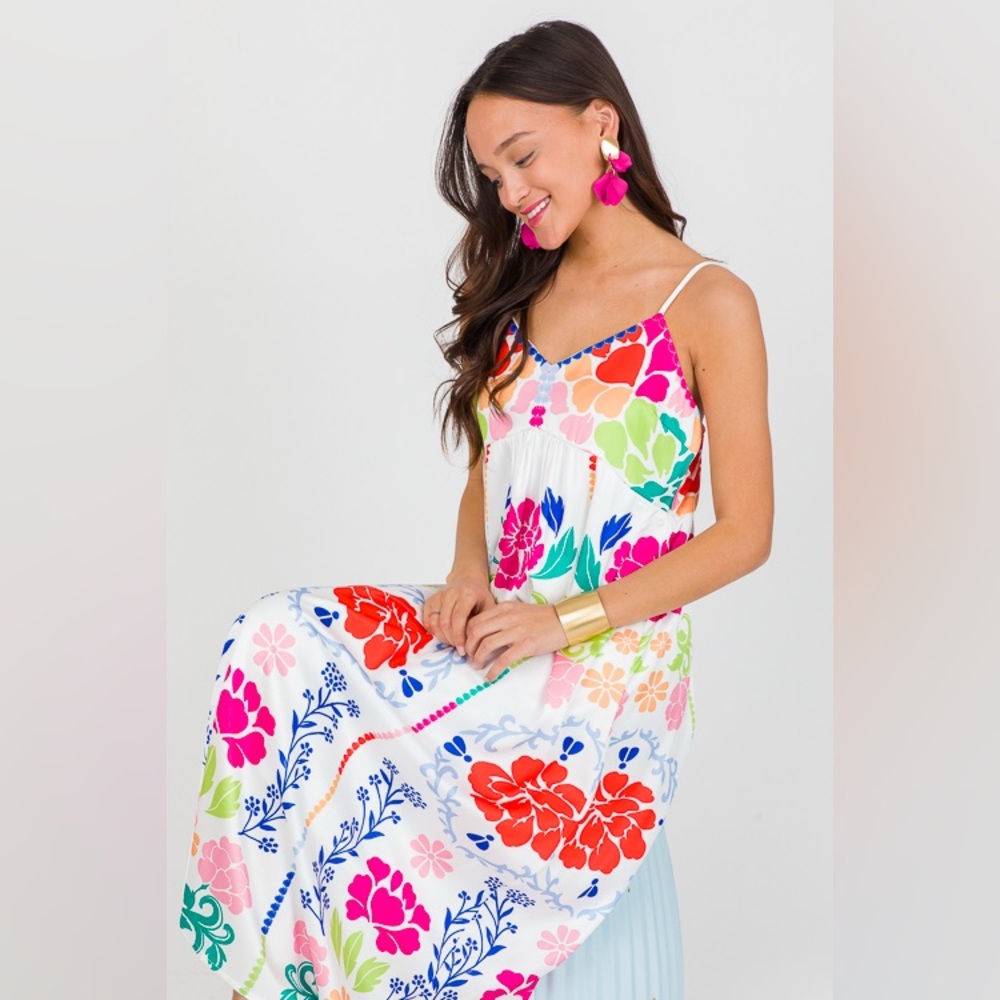 NWT Vibrant Satin Floral Midi Dress with Multicolor Print